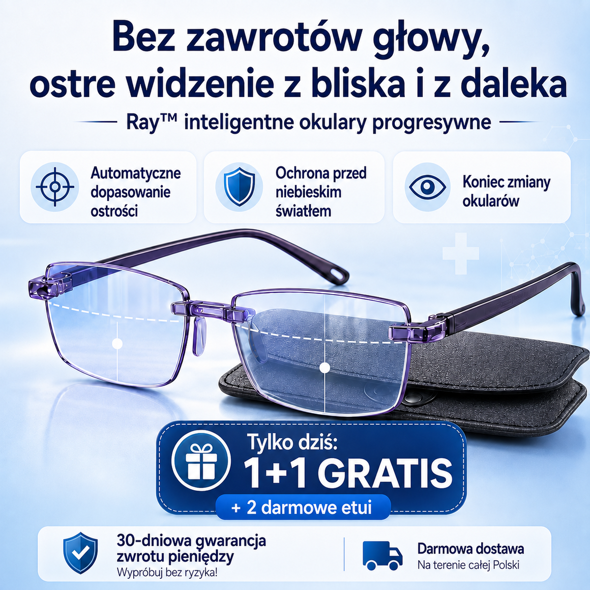 Inteligentne Okulary Ray™: Widzisz Wyraźnie z Bliska i z Daleka w Jednej Parze | Ochrona UV i Blue Light + Skórzane Etui GRATIS | Wypróbuj Bez Ryzyka przez 30 Dni