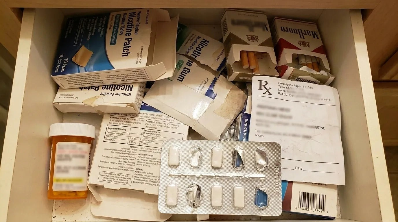 Szuflada z plastrami nikotynowymi, gumami, tabletkami i papierosami