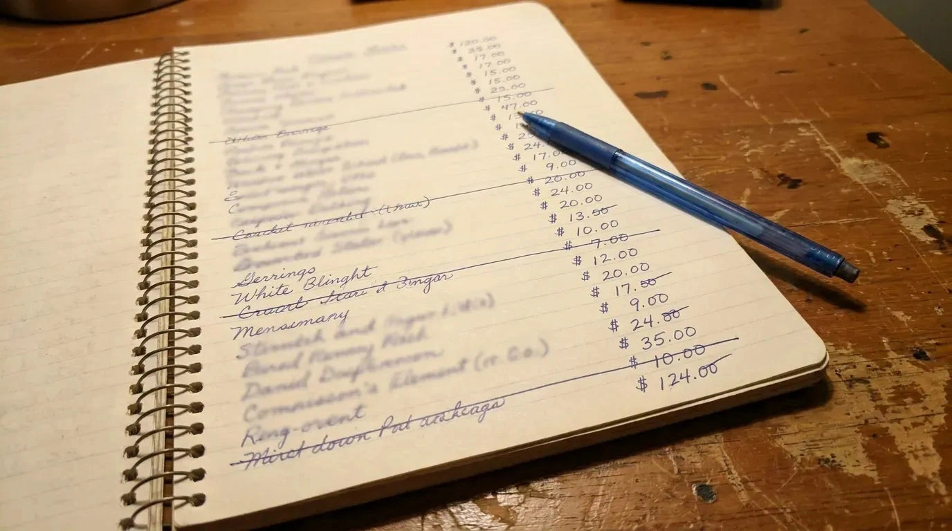 Ręcznie spisane wydatki i długopis