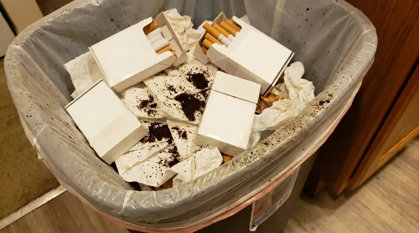 Kosz na śmieci z paczkami papierosów i fusami z kawy